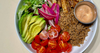 High-protein vegan burger bowl with crispy paprika fries, plant-based crumbles, avocado and special sauce