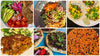 Six high-protein vegetarian meals made with plant-based ground: burger bowl, chorizo bibimbap, chorizo tacos with mango, butternut squash lasagna, lahmacun and smoky bean chili