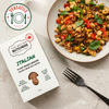 The Better Butchers Italian plant-based ground box beside a plate of cooked grain bowl with peppers and herbs.