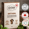 The Better Butchers Natural plant-based ground box beside a prepared dish, highlighting 21g protein per serving, soy and gluten free.