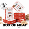 A promotional product shot of multiple boxes of chorizo plant-based ground meat arranged on a white background, with loose mushrooms around them and a black circular badge reading '6 or 12 pack.' Visible text on the boxes includes 'The Better Butchers' and 'Chorizo.