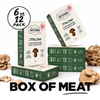 Six packages of Italian plant-based ground meat arranged on a white background with decorative mushrooms around them. A black circle in the top left reads '6 or 12 pack'.