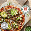Flatbread pizza topped with The Better Butchers Chorizo plant-based ground, avocado, and red onion, cut into slices.
